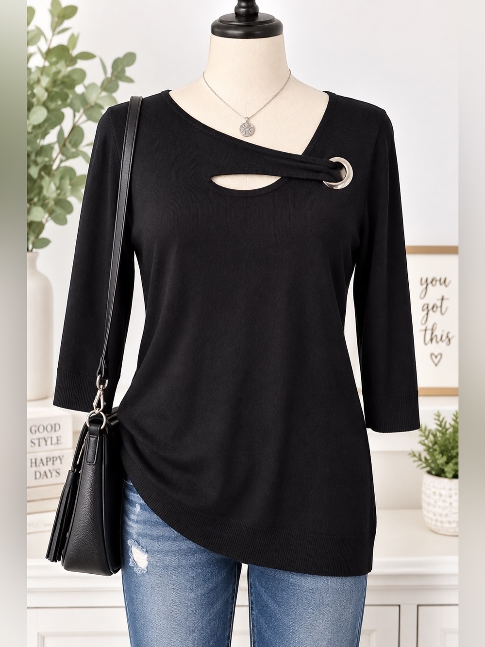 Cable & Gauge Black Grommet Cutout 3/4 Sleeve Sweater Top XL